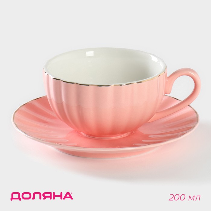 Чайная пара фарфоровая Доляна «Вивьен», 2 предмета: чашка 200 мл, блюдце d=15 см, цвет розовый чайная пара фарфоровая доляна мрамор 2 предмета чашка 280 мл блюдце d 15 см