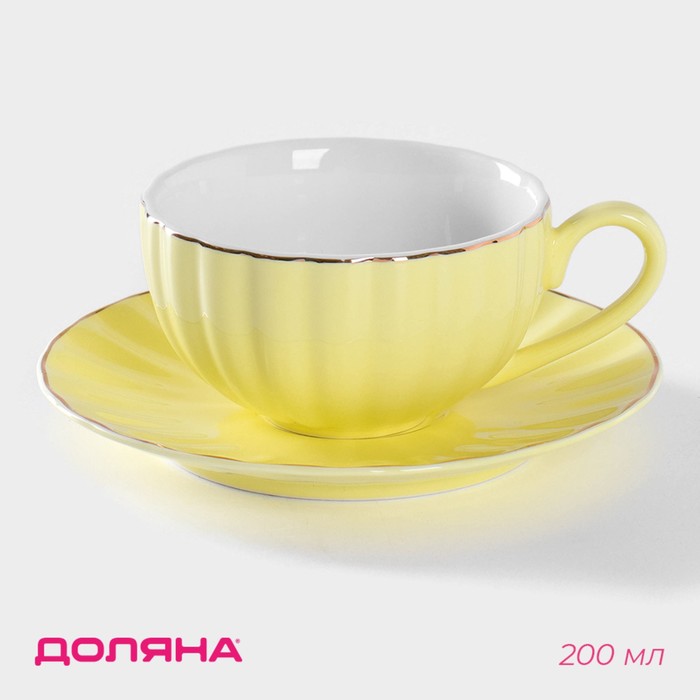 чайная пара фарфоровая доляна вивьен чашка 200 мл блюдце d 15 см цвет жёлтый Чайная пара фарфоровая Доляна «Вивьен», 2 предмета: чашка 200 мл, блюдце d=15 см, цвет жёлтый