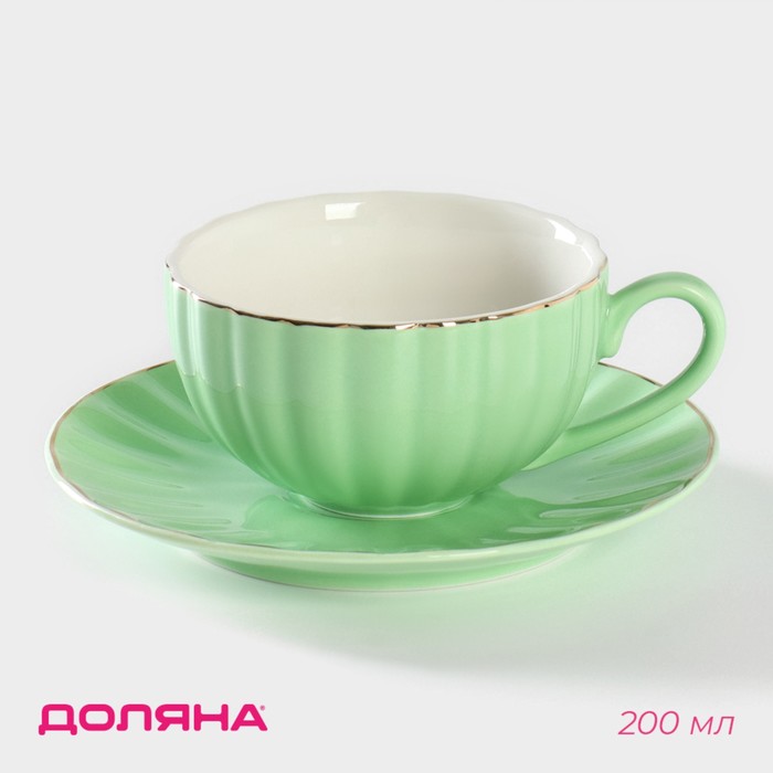 чайная пара фарфоровая чайная роза 2 предмета чашка 200 мл блюдце d 15 см Чайная пара фарфоровая Доляна «Вивьен», 2 предмета: чашка 200 мл, блюдце d=15 см, цвет зелёный