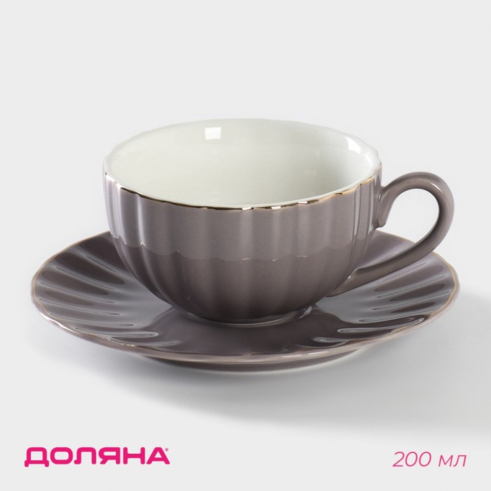 чайная пара фарфоровая чайная роза 2 предмета чашка 200 мл блюдце d 15 см Чайная пара фарфоровая Доляна «Вивьен», 2 предмета: чашка 200 мл, блюдце d=15 см, цвет серый