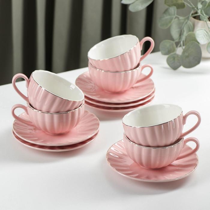 Сервиз фарфоровый чайный Доляна «Вивьен», 12 предметов: 6 чашек 200 мл, 6 блюдец d=15 см, цвет розовый чайный сервиз доляна вивьен 6 чашек 200 мл 6 блюдец d 15 см цвет микс