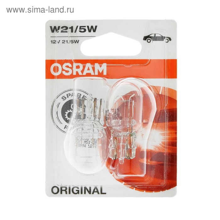 Лампа автомобильная Osram, W21/5W, 12 В, 21/5 Вт, набор 2 шт, 7515-02B лампа светодиодная neolux 12 в 6000к p21 5 вт 1 2 вт набор 2 шт np2260cw 02b