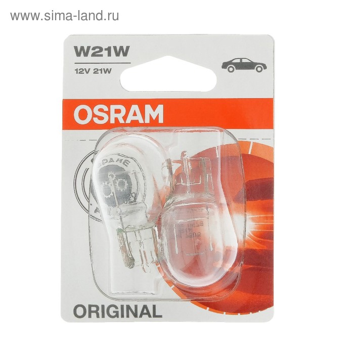 Лампа автомобильная Osram, W21W, 12 В, 21 Вт, набор 2 шт, 7505-02B лампа светодиодная osram 12 в w21w 3 0 вт red ledriving standart набор 2 шт