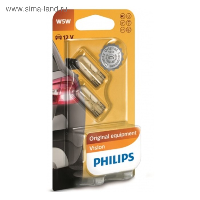 фото Лампа автомобильная philips, w5w, 12 в, 5 вт, (w2,1x9,5d), набор 2 шт, 12961b2