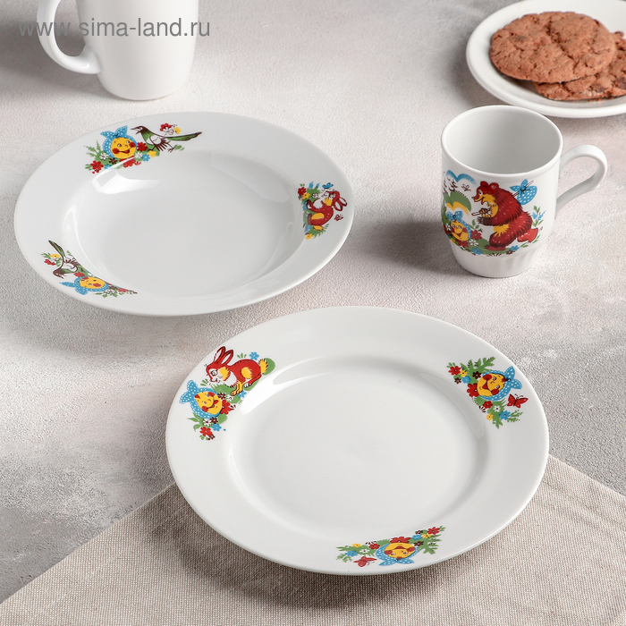 фото Набор посуды «веселый колобок», 3 предмета:, тарелка d=20 см, миска d=20 см, кружка 210 мл дулевский фарфор