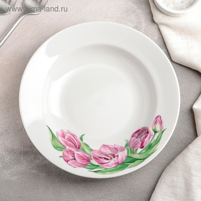 Тарелка глубокая «Розовые тюльпаны», 225 мл, d=20 см, белая, фарфор тарелка глубокая беатриче 250 мл d 20 см белая фарфор