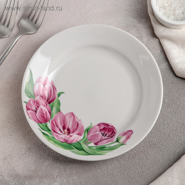 тарелка палитра d 24 см белая фарфор Тарелка «Розовые тюльпаны», d=17,5 см, белая, фарфор