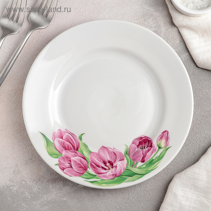 тарелка глубокая розовые тюльпаны 225 мл d 20 см белая фарфор Тарелка фарфоровая «Розовые тюльпаны», d=20 см, белая