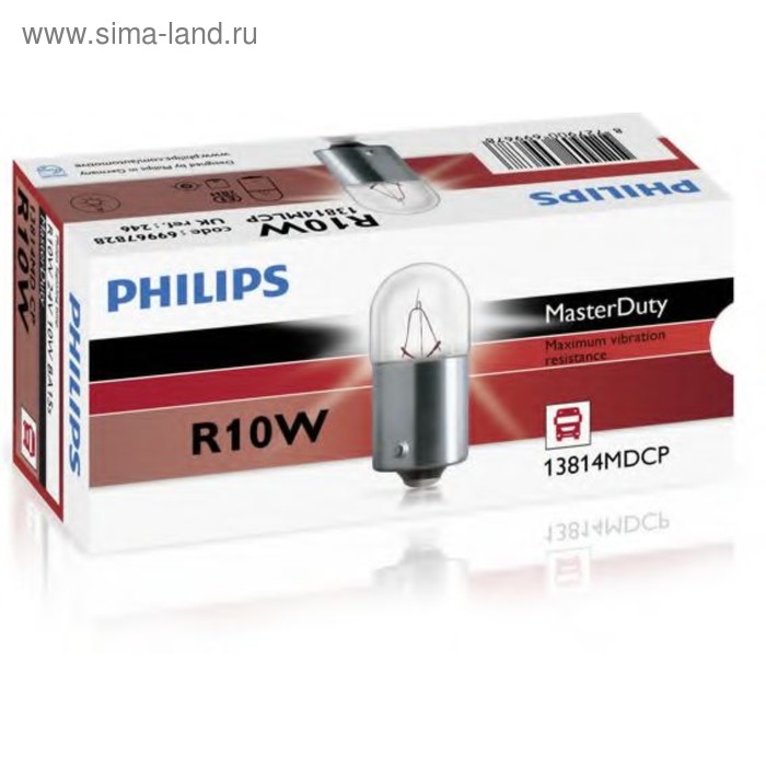 фото Лампа автомобильная philips masterduty, r10w, 24 в, 10 вт, 13814mdcp