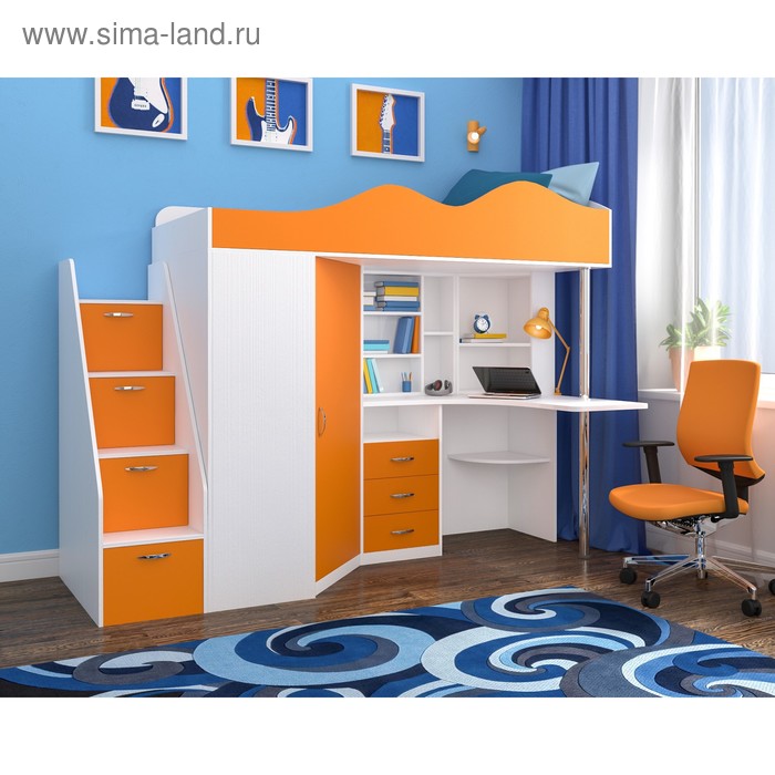 Детская кровать-чердак Пионер белое дерево/оранжевый