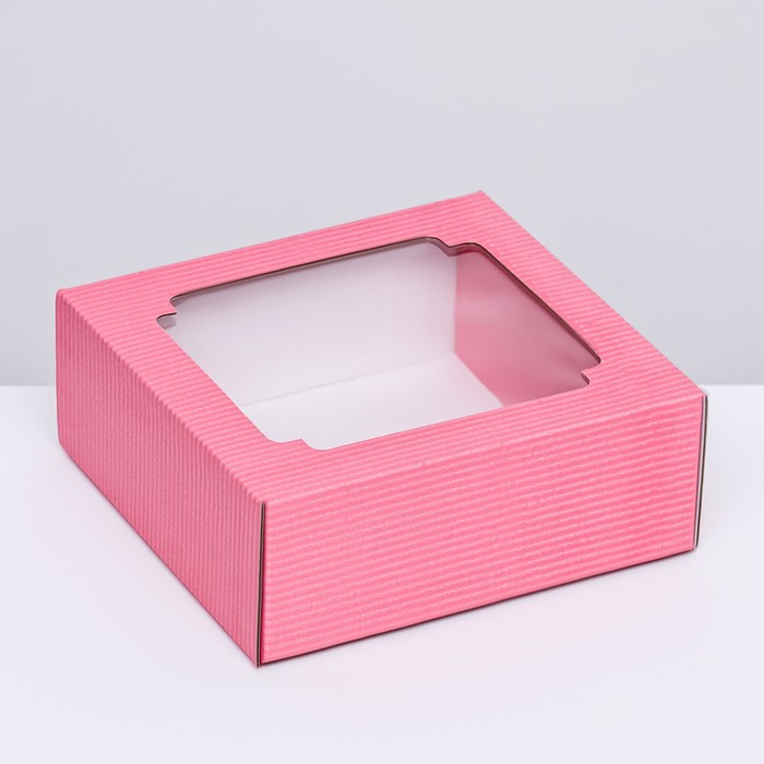 Коробка сборная, крышка-дно, с окном, розовая, 14,5 х 14,5 х 6 см
