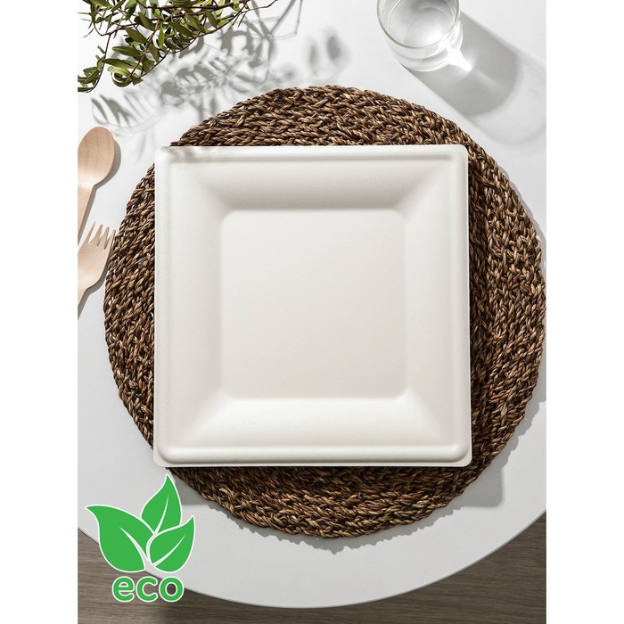 Тарелка одноразовая квадратная ECO, 26×26 см, сахарный тростник, цвет белый цена и фото