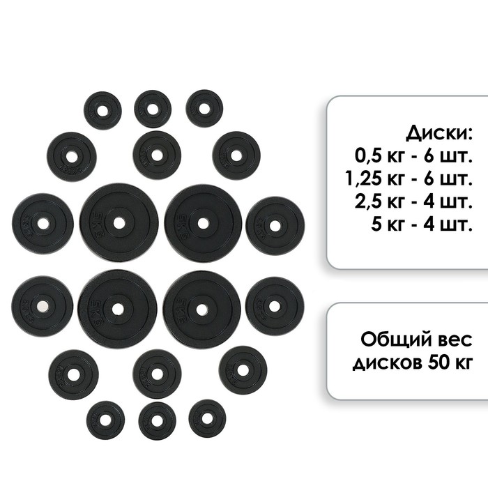 Набор: 2 гантельных грифа, 1 гриф прямой 1,5 м, 20 дисков, вес 50 кг