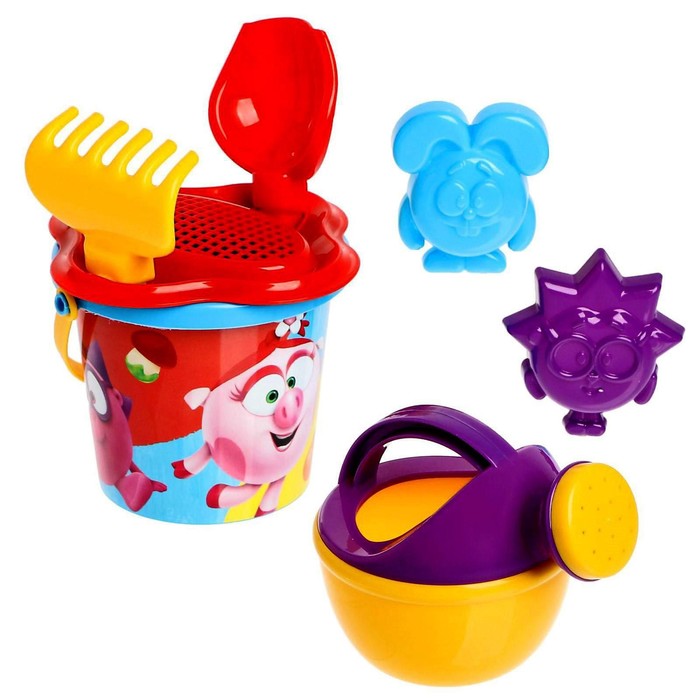 Песочный набор №13: ведро малое с наклейкой, ситечко-цветочек, совок, грабельки, 2 формочки малые, лейка малая