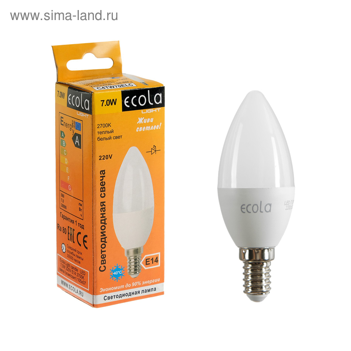 фото Лампа светодиодная ecola light candle led, 7 вт, e14, 2700 k, 105x37 мм