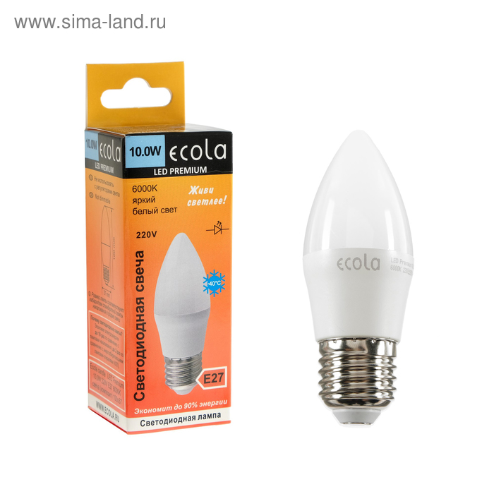 фото Лампа светодиодная ecola candle led premium, 10 вт, e27, 6000 k, свеча, 100x37 мм