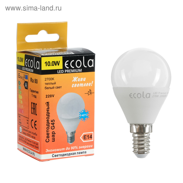 фото Лампа светодиодная ecola globe led premium, g45, 10 вт, e14, 2700 k, шар, 82x45 мм