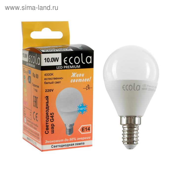 фото Лампа светодиодная ecola globe led premium, g45, 10 вт, e14, 4000 k, шар, 82x45 мм