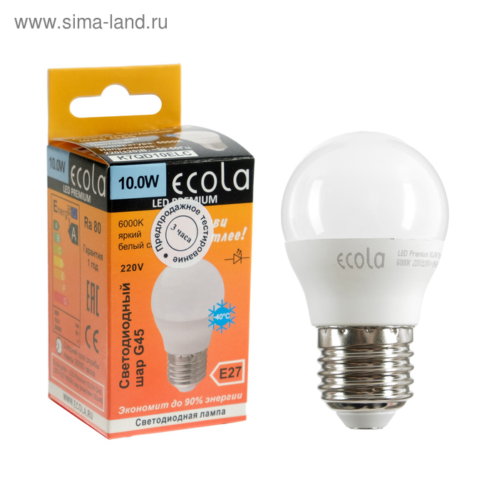 фото Лампа светодиодная ecola globe led premium, g45, 10 вт, e27, 6000 k, 82x45 мм