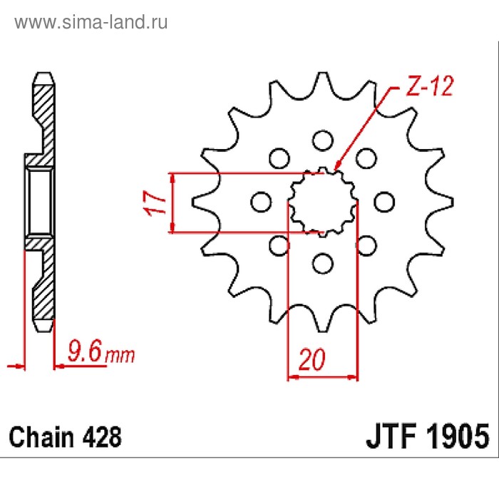 

Звезда передняя ведущая стальная JTF1905, цепь 428, 13 зубьев