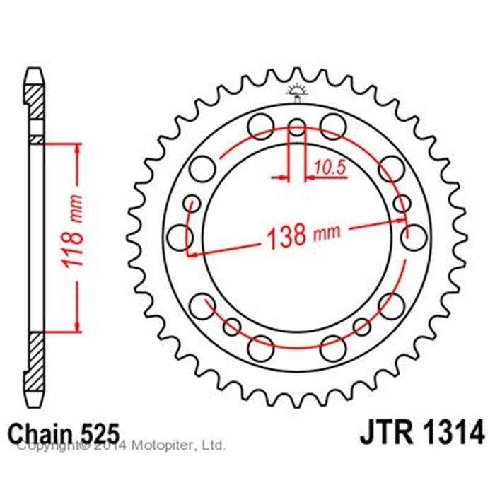 фото Звезда задняя ведомая для мотоцикла jtr1314, цепь 525, 39 зубьев jt sprockets