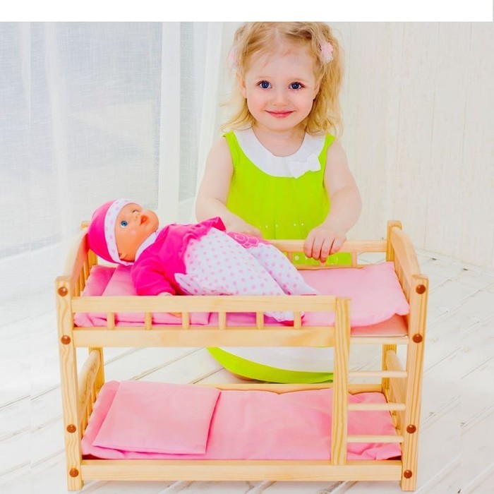 Двухъярусная кукольная кроватка из дерева, текстиль розовый, 34 х 23 х 49 см