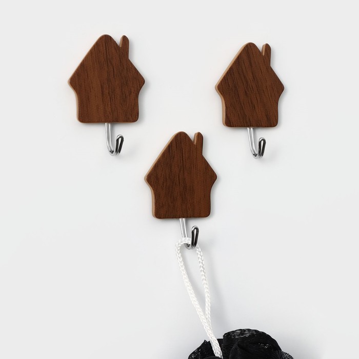 Набор крючков на липучке «Деревянные домики», 3 шт, цвет тёмное дерево