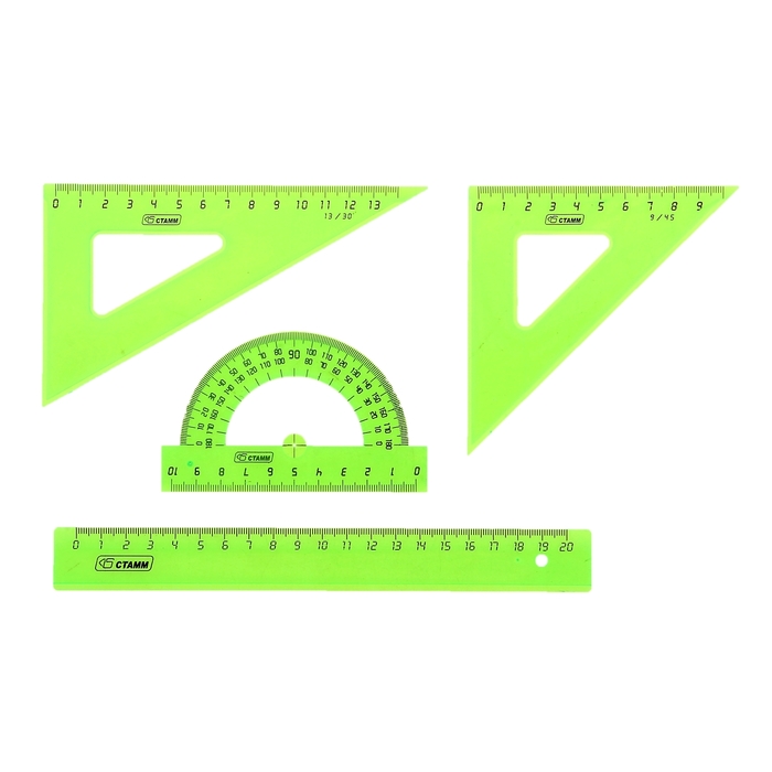 Набор геометрический средний: линейка 20 см, треугольник 9см 45*, треугольник 13 см 30*, транспортир 10 см 180*. NEON Cristal, микс