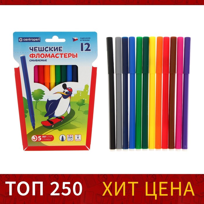 Фломастеры 12 цветов Centropen 7790 Пингвины 1.8 мм , линия 1.0 мм фломастеры 18 цветов centropen 7790 18 пингвины линия 1 0 мм пластиковый конверт