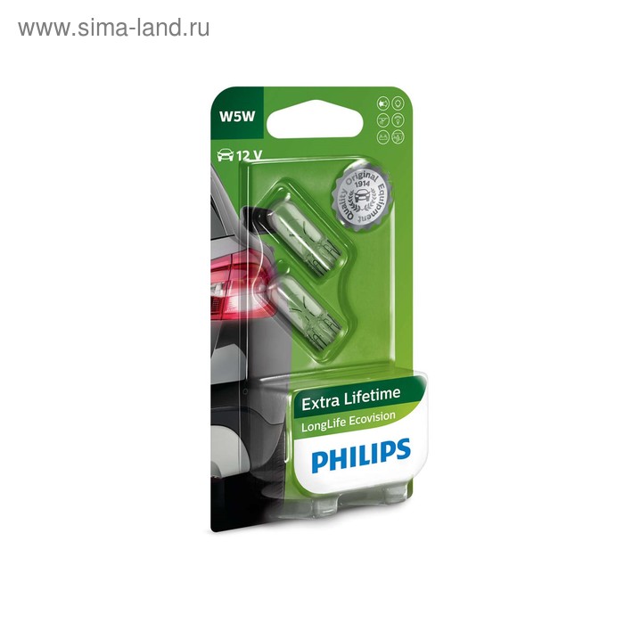 фото Лампа автомобильная philips longlife ecovision, w5w, 12 в, 5 вт, (w2,1x9,5d), набор 2 шт, 12961llecob2