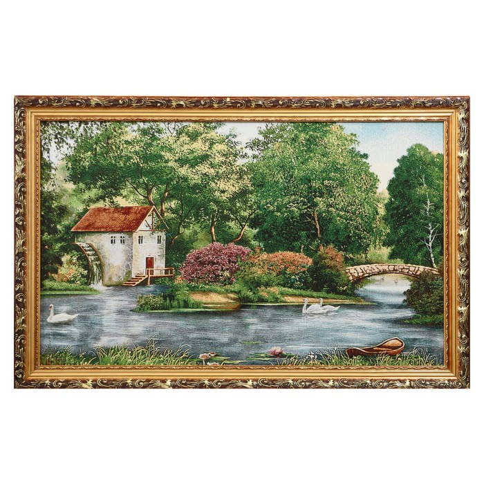 M057-50х80 Картина из гобелена "Домик у озера с каменным мостом" (55х85)