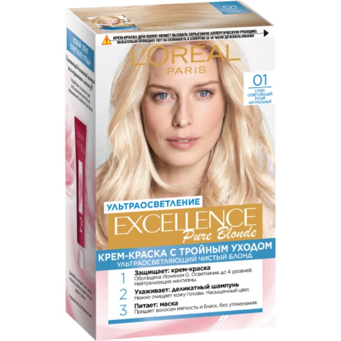 Крем-краска для волос L'Oreal Excellence Pure Blonde, тон 01 супер-осветляющий русый натуральный