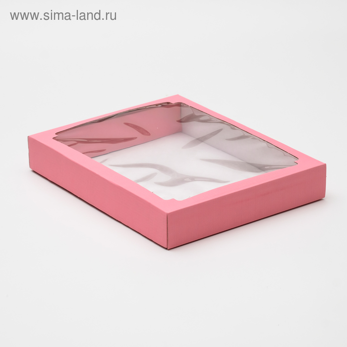 Коробка сборная, крышка-дно, с окном, розовая, 26 х 21 х 4 см