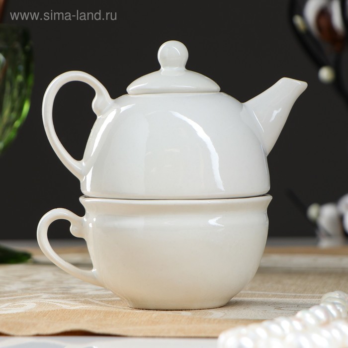 фото Чайник с чашкой, белый, 1 персона, 0,3 л /0,3л керамика ручной работы