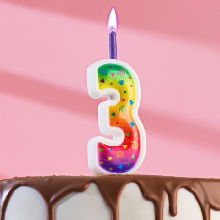 Свеча для торта Цветное пламя, 10 см, цифра 3, микс свеча для торта цветное пламя 12 3 см цифра 5 1 комплектов в 1 заказе