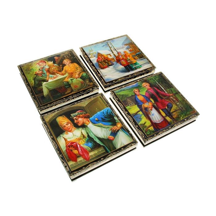 Шкатулка 16х16 см Деревня лаковая миниатюра микс дерево