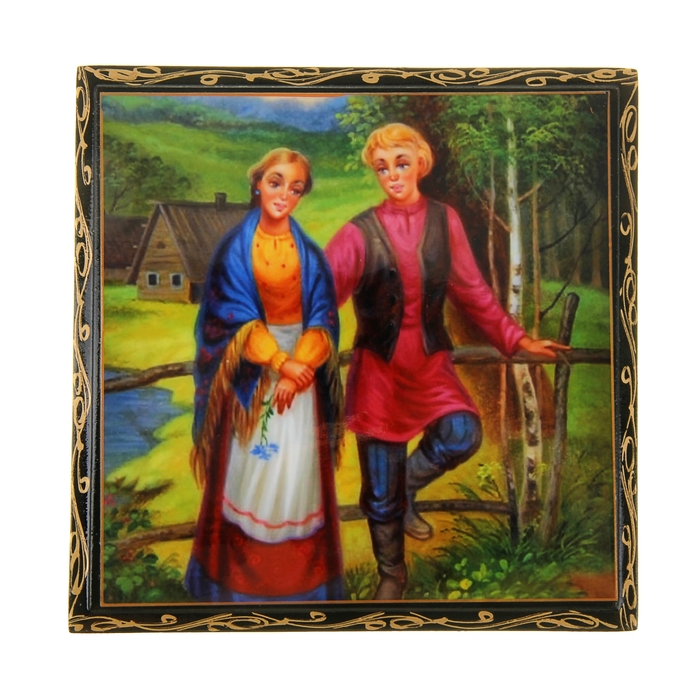Шкатулка 16х16 см Деревня лаковая миниатюра микс дерево
