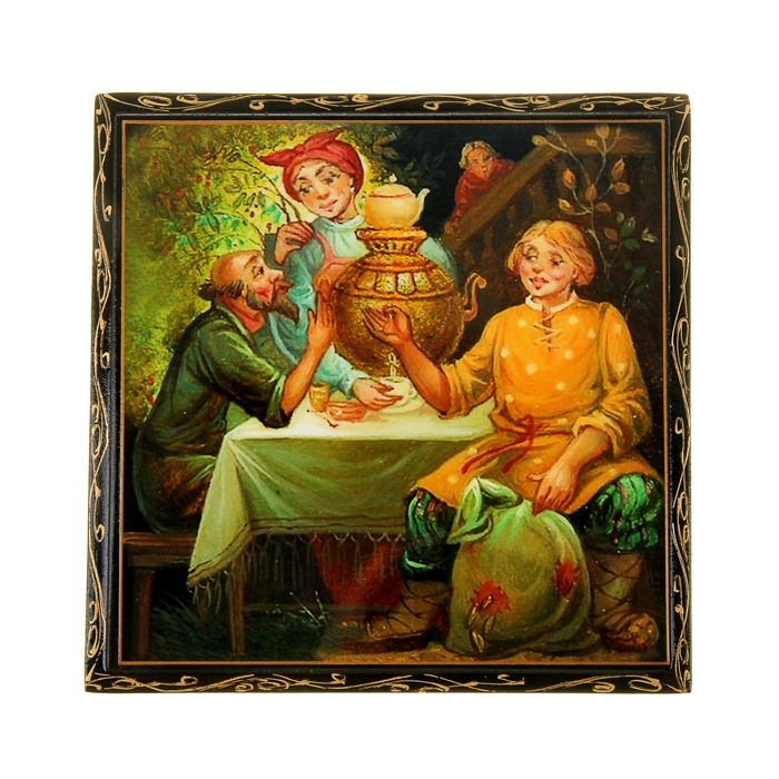 Шкатулка 16х16 см Деревня лаковая миниатюра микс дерево