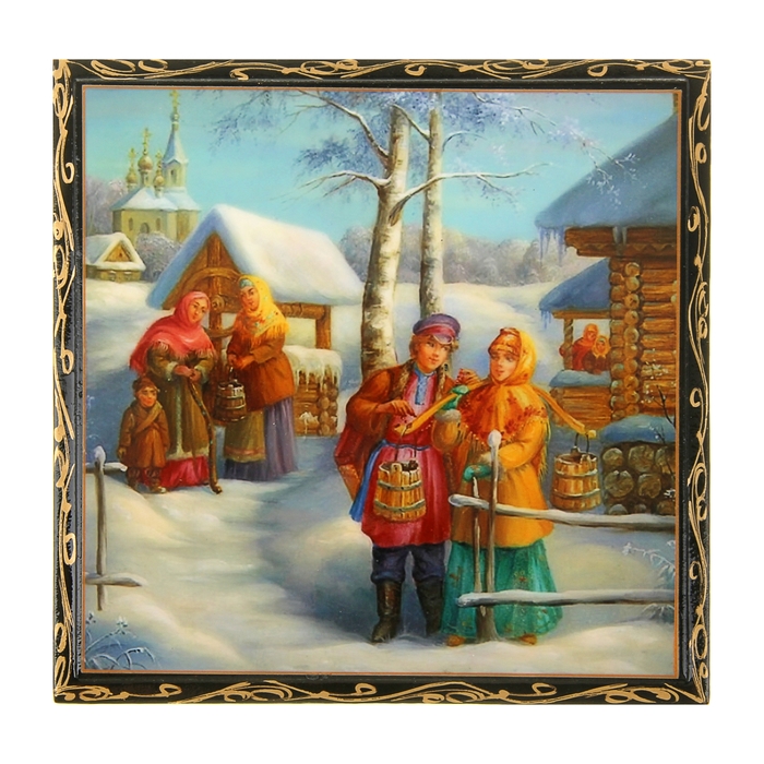 Шкатулка 16х16 см Деревня лаковая миниатюра микс дерево