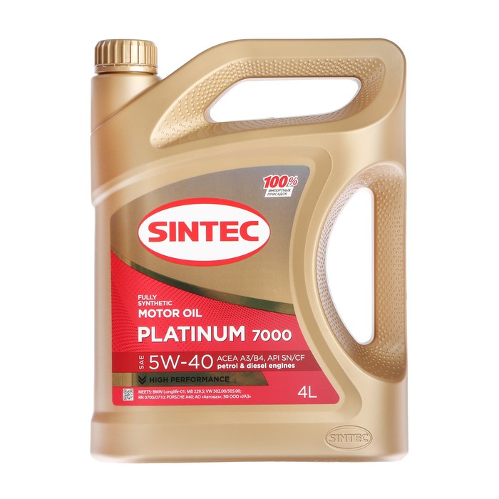 Масло моторное Sintec Platinum 7000 5W-40, SN/CF, синтетическое, 801941/600139, 4 л sintec моторное масло sintec platinum 7000 5w 30 4 л