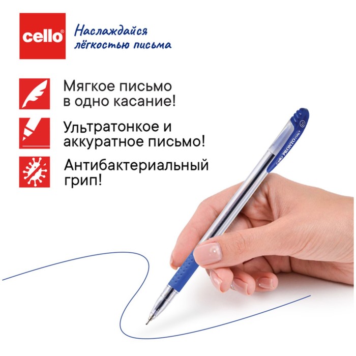 

Ручка шариковая Cello Pronto узел 0.7мм, чернила синие, прозрачный корпус