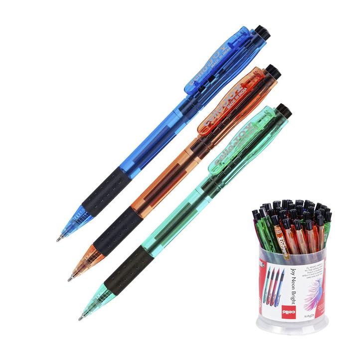 Ручка шариковая автоматическая Cello Joy Neon tinted, узел 0.7 мм, резиновый упор, чернила синие, корпус микс