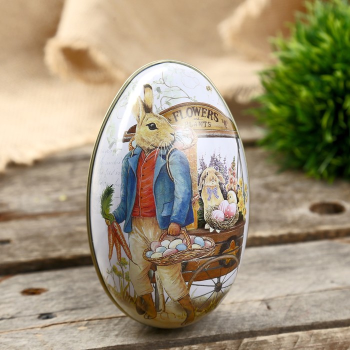 Шкатулка металл яйцо "Заяц с корзиной крашенных яиц" 11х6,5х7 см