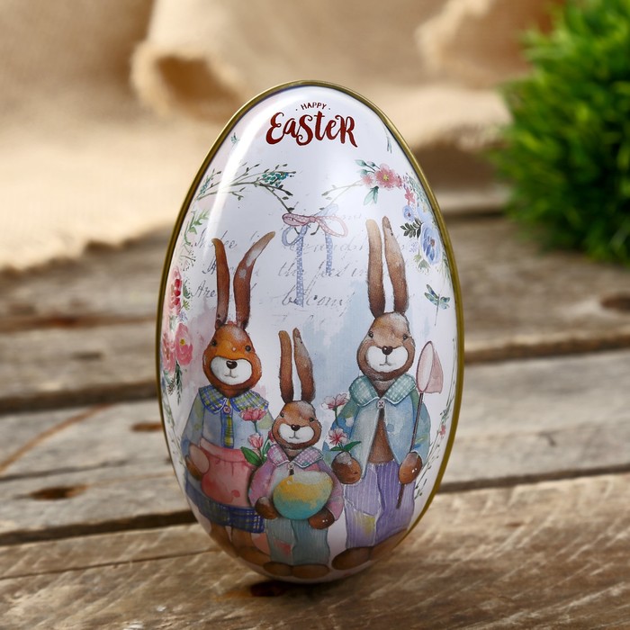 Шкатулка металл яйцо Семья кроликов 11х6,5х7 см