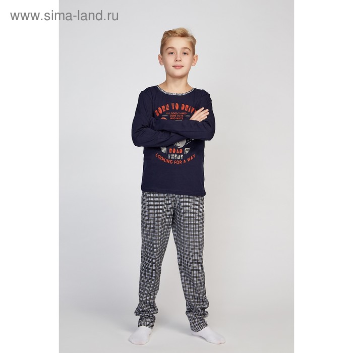 Пижама для мальчика, тёмно-синий/клетка, рост 140-146 см