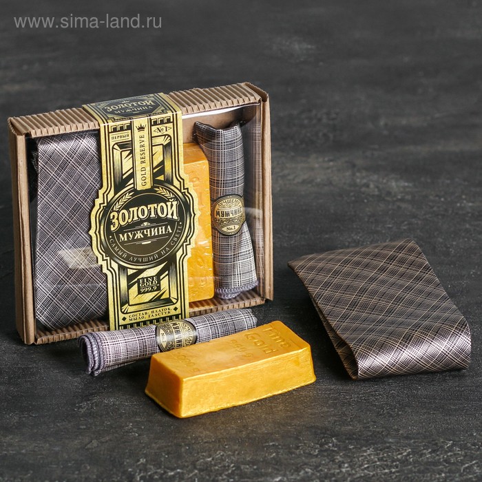 фото Подарочный набор (галстук, платок-сигара, фигурное мыло) "золотой мужчина"