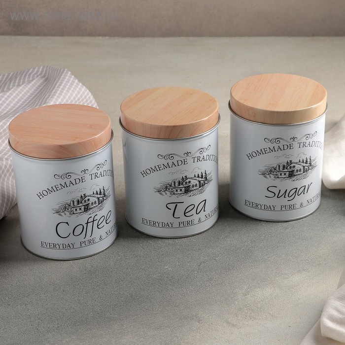 Набор банок для сыпучих продуктов Sugar.Coffee.Tea, 10,5×14 см, 3 шт, цвет белый набор банок для сыпучих продуктов sense 1 1 л 16×10 см 3 шт цвет серебряный