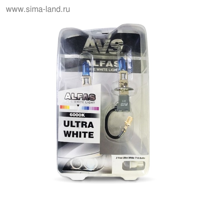 Лампа автомобильная AVS ALFAS Pure-White 6000К, H1, 12 В, 85 Вт, + T10, набор 2 шт