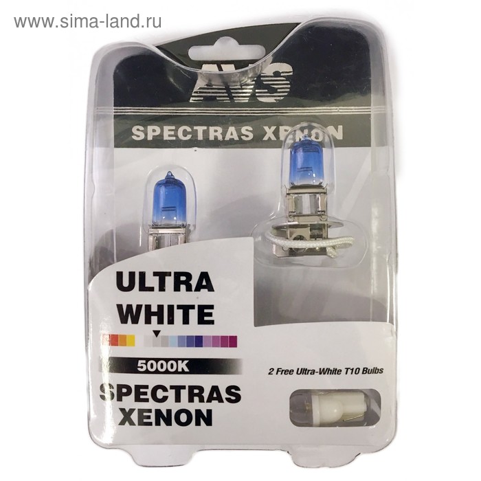 Лампа автомобильная AVS SPECTRAS Xenon 5000K, H3, 12 В, 75 Вт, + T10, набор 2 шт