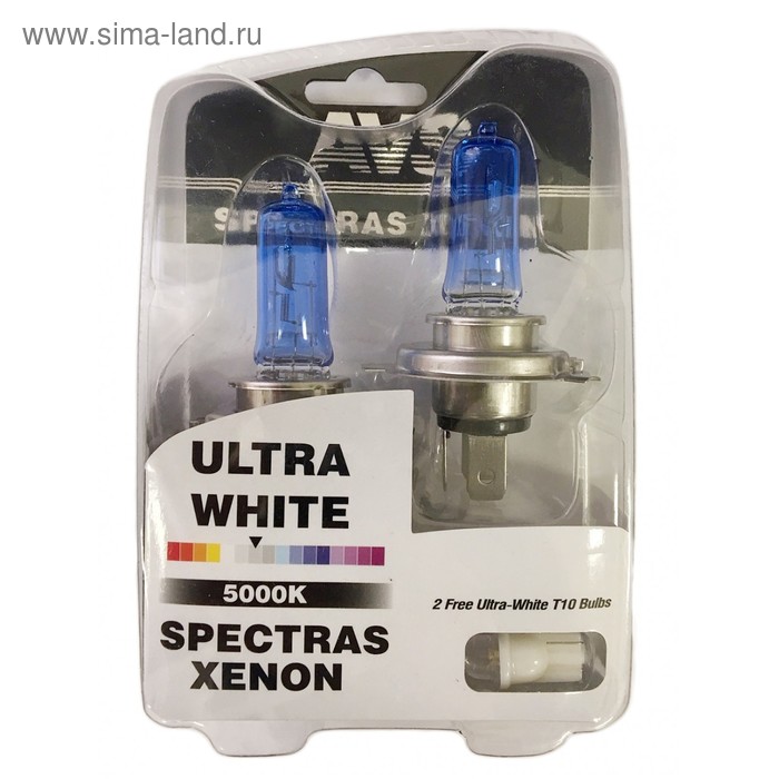 Лампа автомобильная AVS SPECTRAS Xenon 5000K, H4, 12 В, 65/75 Вт, + T10, набор 2 шт лампа sky h4 35w 5000k 1 штука